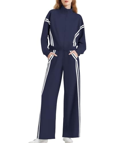 Casly Lamiit Conjunto de moletom feminino de 2 peças com zíper contrastante, listrado, pernas largas, conjunto de moletom para viagem, Azul marinho, M