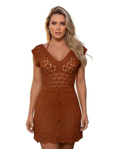 Saida de Praia Crochê Vestido Curta Tricot Rendado Cinturada Manga Curta Elegante Saida de Banho Piscina Canga Verão (Marrom)