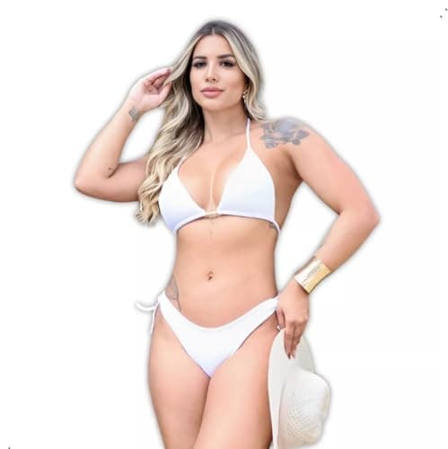 Biquíni Feminino Adulto Praia com Bojo Asa Delta Canelado Fio Duplo Verão (BR, Alfa, G, Regular, Branco)
