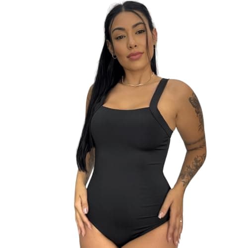 Maiô Body Collant Feminino Básico com Alças Largas Preto Decote (BR, Alfa, GG, Regular, Padrão, Preto)