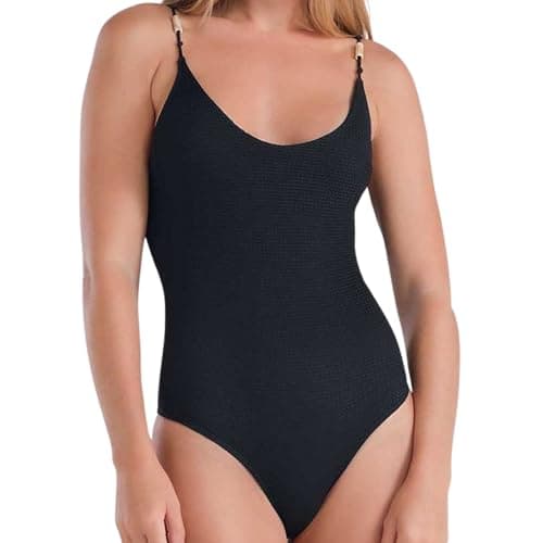 SHE Maiô De Praia Bojo Removível Textura Hive Aloe Vera Uv, Preto, GG