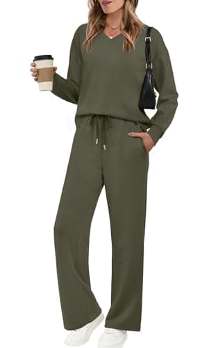 Conjunto de moletom feminino solto com gola V, manga comprida, calça de perna larga, confortável, casual, duas peças, Verde, GG