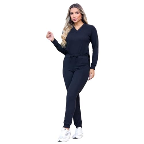 Conjunto Feminino Casual Inverno Meia Estação Confortável Duas Peças Calça De Frio e Blusa De Frio (Preto, G)