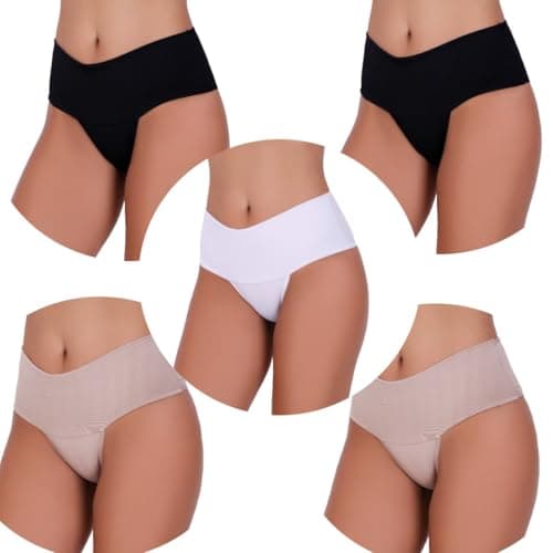 Kit 5 Calcinhas Cintura Alta Compressão Cós Alto Fitness Power Zero Barriga Pala Cós Duplo (BR, Alfa, M, Cores Neutras/Básicas)