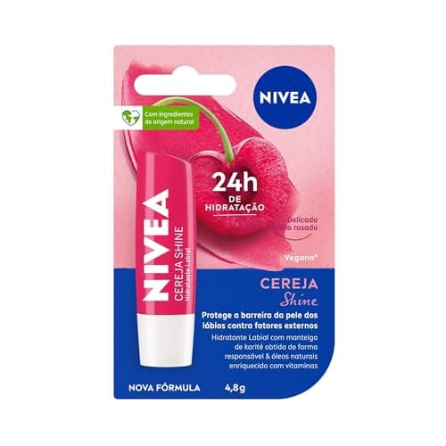 NIVEA Hidratante Labial Cereja Shine 4,8g - Cuidado e proteção para seus lábios por 24h, além de delicioso aroma de cereja e delicado brilho rosa