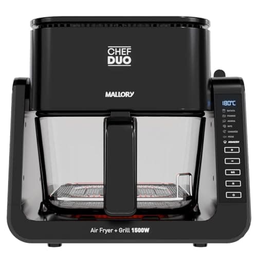 Fritadeira Elétrica Mallory Chef Duo 2 em 1 (Air Fryer e Grill) - 1500W, Temperatura até 200°C, Cuba de Vidro Temperado com 4L, Cesto para Grill em Aço Inox com 1,5L - 220V