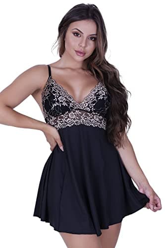 Camisola Valentina Microfibra Light e Renda Luxo Bicolor (Preto com Base, GG)