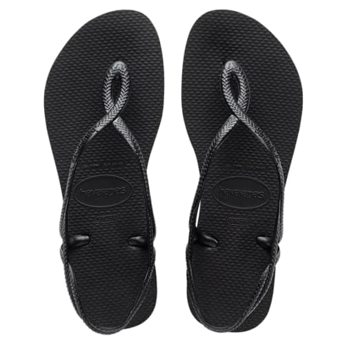 Rasteirinha Luna, Havaianas, Feminina, Sola Tradicional e Tiras Trançadas, Estampa Lisa, Preta