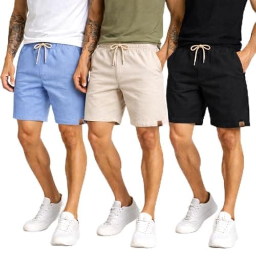 Kit 3 Shorts Bermuda Linho Mauricinho Casual Tendência Confortável Leve e Curto (BR, Alfa, M, Regular, Regular, Azul/Bege/Preto)