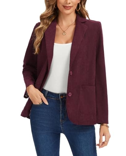 LADI TREND Blazer feminino de veludo cotelê, casual, manga comprida, lapela notch, trabalho, 2 botões, frente aberta, jaquetas, bolsos, Vinho tinto, XGG