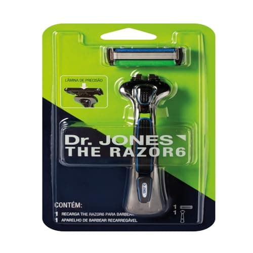 DR. JONES Aparelho de barbear com 6 lâminas, fita lubrificante, cabo ergonômico e faixa de segurança