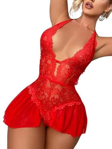 Body Lingerie Sexy de Renda Com Abertura e Saia em Tule Sensual Sem Bojo Feminino (Vermelho, M)