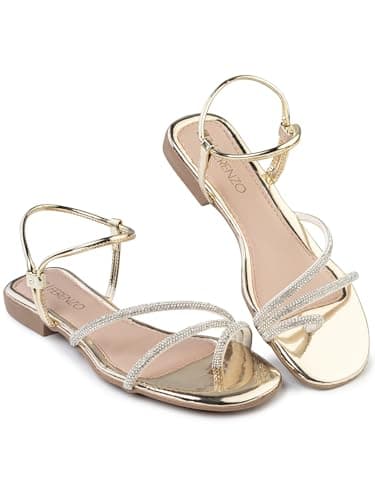 Sandália Feminina Rasteira Casual Flat com Tiras Brilhantes, Dourado, Ouro, Bronze, Preto, Rasteirinha Macia, Leve e Confortável (700-Ouro-38)