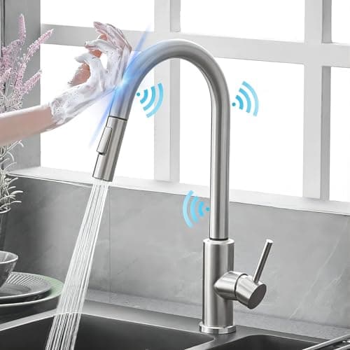 TINICO Torneira de Cozinha com Sensor de Toque, Torneira de pia Pulverizador Extraível, 2 Modos de Pulverização, Aço Inoxidável Misturador Monocomando com Função Giratória de 360°, Níquel Escovado