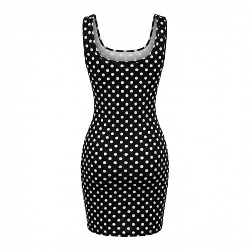 Vestido Bodycon Preto com Pontos Brancos 94% Poly + 6% Elástica | Modelo Regata Ajustado (BR, Alfa, M, Regular, Regular)
