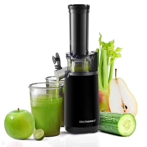 Elite Gourmet EJX600 Compacto Pequeno Espremedor de Espremedor Lento Mastigatório, Extrator de suco prensado a frio, denso em nutrientes e vitaminas, Tritan livre de BPA, fácil de limpar, copo de suco