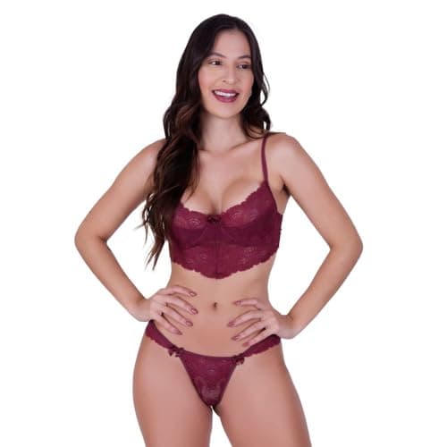 Conjunto de Lingerie Meia Taça Sutiã e Calcinha Detalhe de Renda Adulto Feminino Leticia (P, Natural)