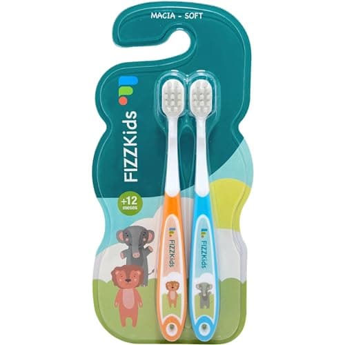 FizzPro, Pack com 2 escovas dentais, kids, animais, +12 meses, cerdas macias, azul e laranja