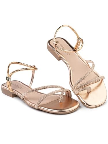 Sandália Feminina Rasteira Casual Flat com Tiras Brilhantes, Dourado, Ouro, Bronze, Preto, Rasteirinha Macia, Leve e Confortável (700-Bronze-35)
