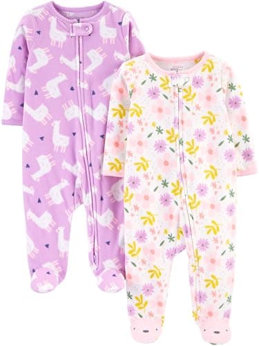 Simple Joys by Carter's Macacão de lã para bebês meninas, para dormir e brincar, pacote com 2, Lhama roxa/floral branco, 0-3 Meses