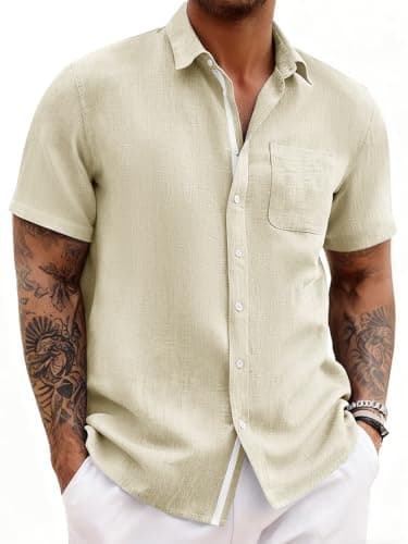 Runcati Camisa masculina casual de manga curta de linho, verão, praia, casamento, com bolso, Bege, 3G