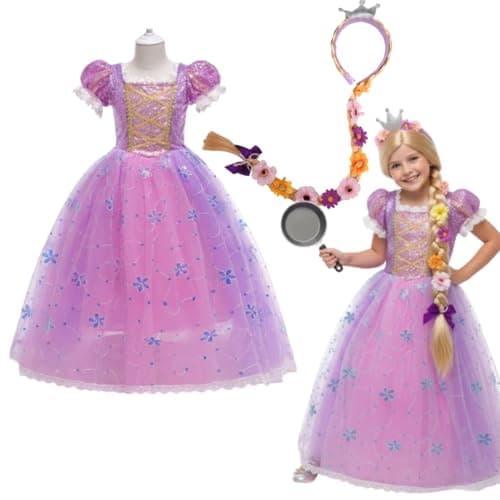 Fantasia Infantil Princesa com Vestido Longo Lilás e Rosa + Tiara com Trança Luxo para Festa Aniversário e Carnaval G 130 cm