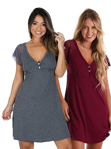 Kit com 2 Camisolas em Viscose com Detalhes Renda Estilo Camiseta Noite Dormir Amamentação Maternidade (Vinho/Cinza, G)
