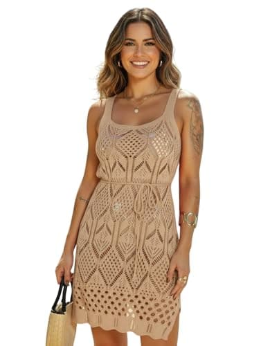 Saída de Praia Feminino Vestido Curta Alça Crochê Tricô com Cinto e Fenda, Saida de Banho Canga Piscina Elegante Luxo (Areia)