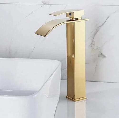 Torneira Monocomando Cascata Alta para Banheiro, Bica Alta Quadrada, Disponível em Cromado, Dourado e Preto (Dourado Brilhante)