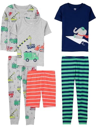 Simple Joys by Carter's Conjunto de pijama de algodão com ajuste confortável de 6 peças para meninos, Listras verdes/caminhões cinza/elefante marinho/listras laranja, 3 Anos