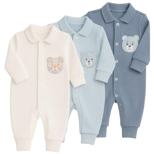 Kit 3 Macacão Para Bebê Canelado Bordado Vira Pé Menino Masculino - P Ao G (BR, Alfa, M, Menino)