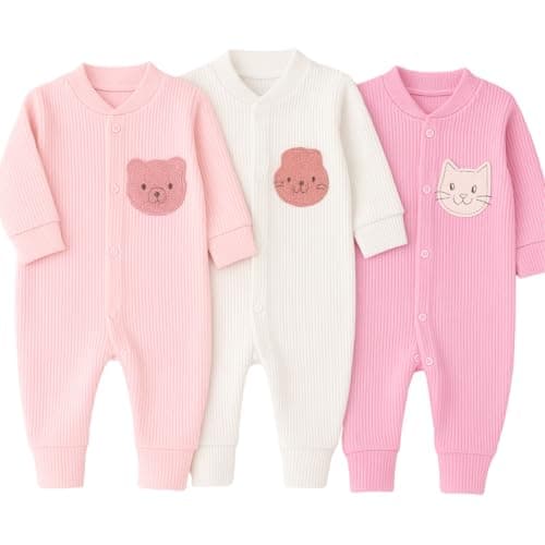 Kit 3 Macacão Para Bebê Canelado Bordado Vira Pé Menina Feminino - P Ao G (Menina, M)