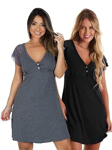 Kit com 2 Camisolas em Viscose com Detalhes Renda Estilo Camiseta Noite Dormir Amamentação Maternidade (Preto/Cinza, GG)