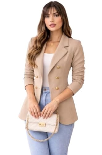 Blazer Feminino de Alfaiataria Inspiração Balmain, com Botões Dourados, Atemporal e Elegante (BR, Alfa, G, Regular, Regular, Caqui)