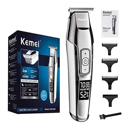 KEMEI Aparador de cabelo masculino sem fio, barbeiro, profissional, visor LCD, 0 mm, cortador de barba careca elétrico recarregável por USB Prata(XSH-5027)