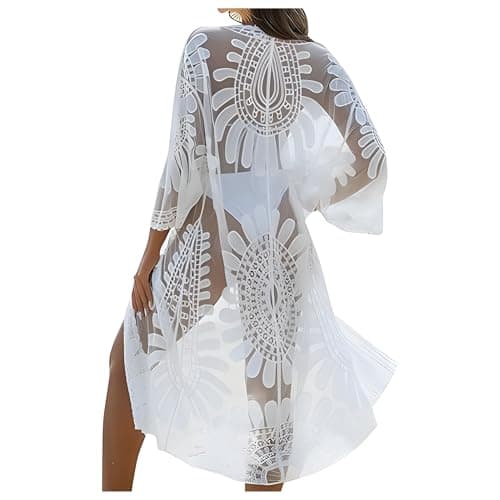 Saída de Praia Feminina Longa em Tule Bordado Branco com Amarração na Cintura e Manga 3/4 – Kimono Leve e Elegante para Praia, Piscina, Resort e Viagem