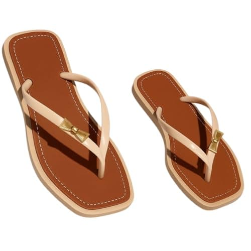 Rasteirinha Chinelo Feminino Luxo Laço Dourado | Chinelo Flat Confortável Verão | Sandália Casual Elegante para Praia e Dia a Dia (Bege, BR, Adulto, Faixa Numérico, 33, 34)