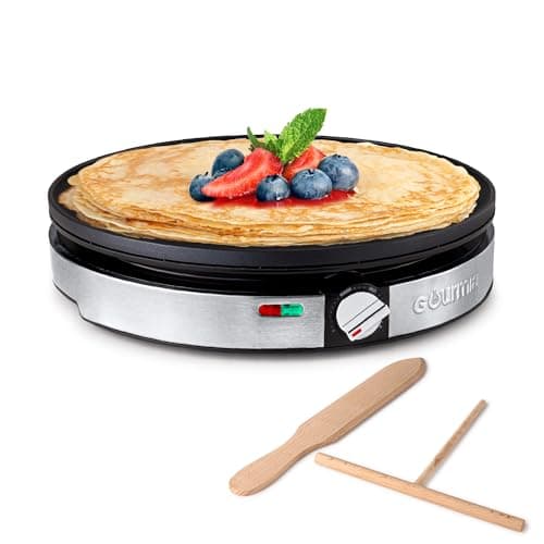 Gourmia Crepe Maker de 12 polegadas, ferro elétrico antiaderente para panquecas, tortilhas e muito mais, controlo preciso de temperatura com luzes indicadoras, inclui espátula e espalhador de massa