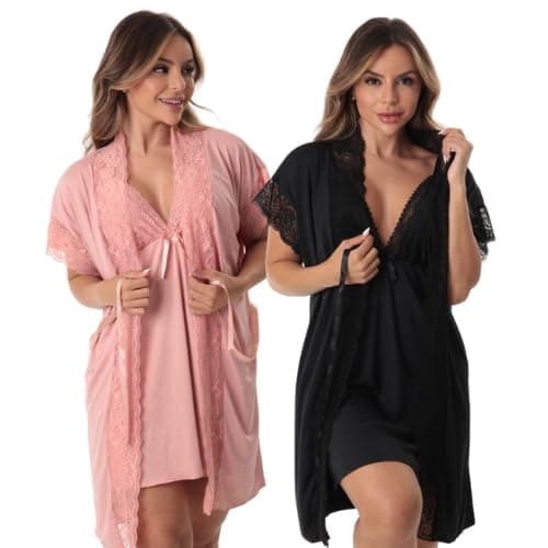 Kit 2 Camisola de Amamentação e 2 Robe Pós Parto Saída Maternidade Pijama Confortável Gestante Hobby (Preto/Rosa, G)