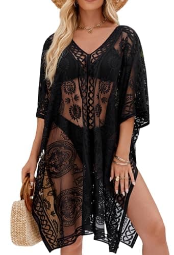 Saída de praia feminina para praia, piscina, renda, gola V, saída de praia, Preto, M