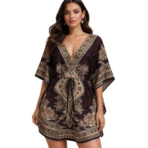 Bata Feminina Kaftan Curto Estampado Saída de Praia Boho Vestido Leve Soltinho Verão Elegante Manga Ampla (Marrom)
