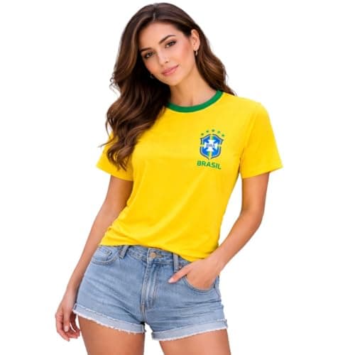 Camiseta Dry Feminina Brasil Seleção Brasileira Gola Redonda Estampa Brsão (BR, Alfa, P, Regular, Amarelo)