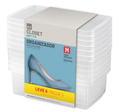 Ordene - Conjunto de 6 Caixas Plástica Média para Sapato de Tamanho 35 à 38, Cor Cristal, Linha My Closet