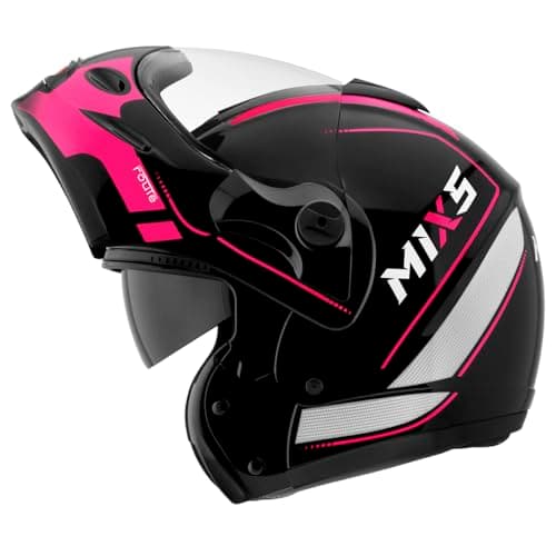 Capacete de Moto Mixs MX Captiva Route Brilhante Com Viseira Interna Solar Óculos de Sol Articulado Escamoteável Robocop Cinza Com Rosa 56