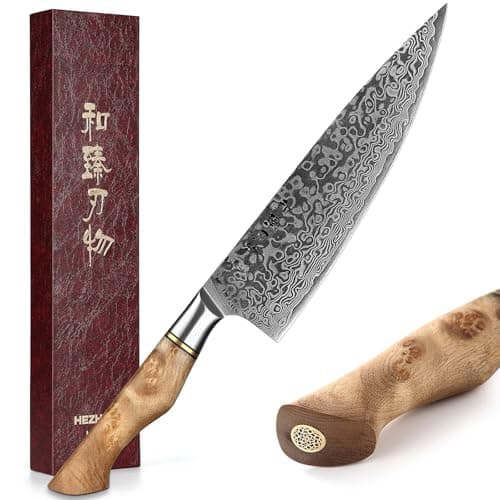 HEZHEN Faca de chef profissional de aço damasco 21 cm, faca de cozinha VG10 Gyuto da série Master ferramenta de cozinha em casa, cabo de madeira de sicômoro com figura de restaurante