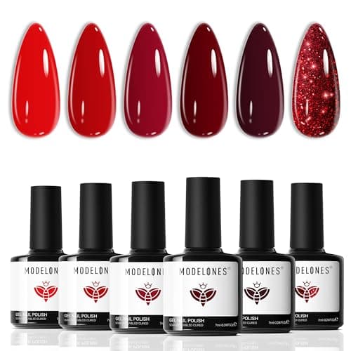 Modelones Conjunto de esmalte em gel - 6 cores clássicas vermelhas gel de imersão em gel vermelho com glitter para arte de unhas, manicure, faça você mesmo, esmalte, salão, LED, unhas de gel, dia dos namorados, ano novo, presentes para mulheres