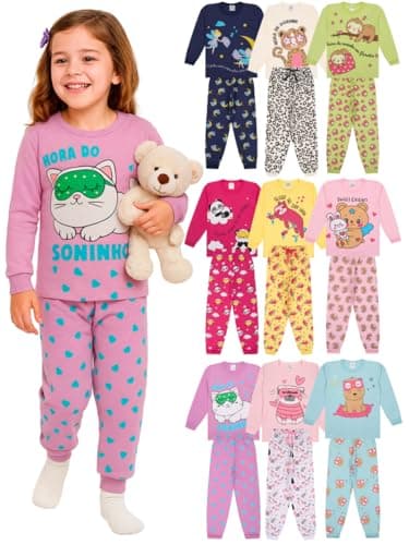 Kit Sortido 4 Peças Pijama Infantil Menina Manga Longa - 2 Conjuntos Pijama Infantil Feminino Algodão (Cores Sortidas, 6 (veste 4/5 anos))