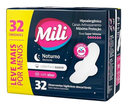 Absorvente Externo Mili com Abas Noturno, Cobertura Suave, Fluxo Super Intenso, 32 Unidades