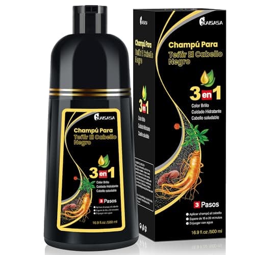 Shampoo Colorante KAISASA 3 em 1 para Cabelos Grisalhos, Preto, Efeito Semipermanente, com Óleo de Argan e Cúrcuma