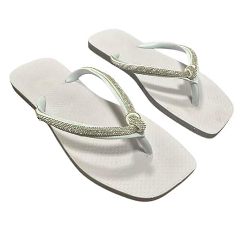 Rasteirinha Feminina com Brilho Strass | Chinelo Flat Confortável Verão | Sandália Casual Elegante para Praia e Dia a Dia (Branco, BR, Adulto, Faixa Numérico, 39, 40)